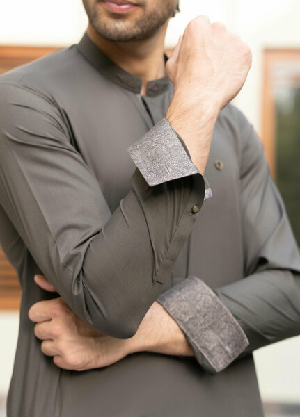 Stylish Garments Mens RTW Solids Wash N Wear Kurta Shalwar Suit Army Green Contrast Casual Collection
