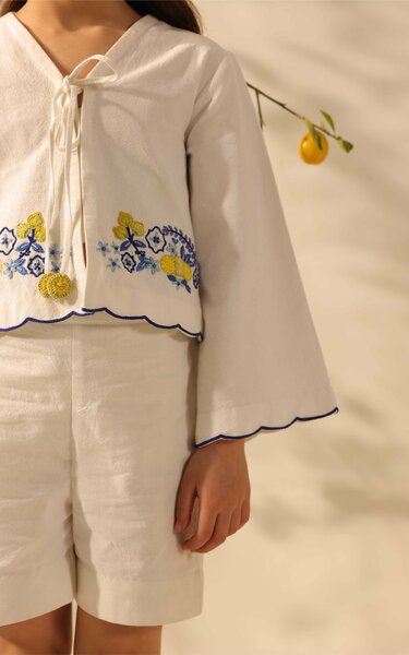 Limoncello | Two-piece textured cotton set with hand-embroidered lemon motifs