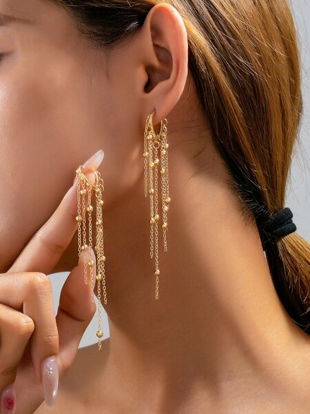 Shein - 1 Pair Geometric Heart Chain Tassel Earrings