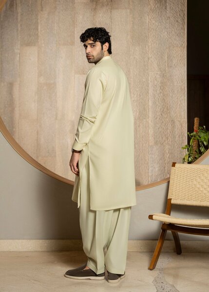 Buraq Men RTW Solids Wash N Wear Kurta Shalwar Suit Cream Casual Collection