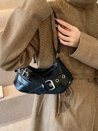 Shein - New Fashionable Buckles Decor PU Leather Shoulder Bag
