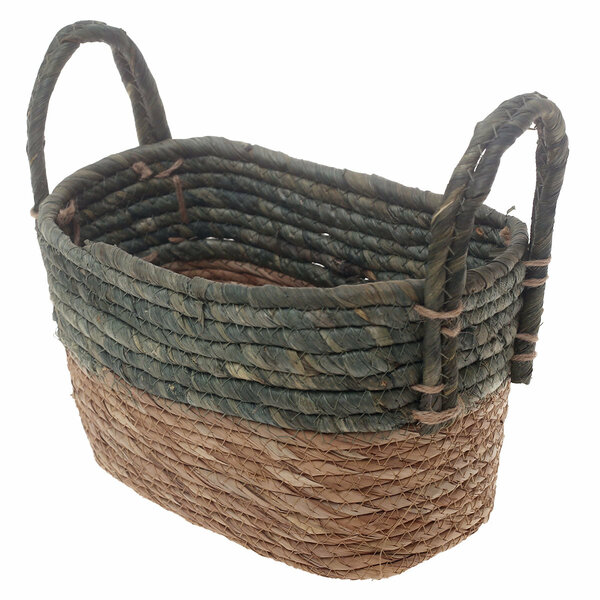 Handwoven Rectangular Green & Brown Basket with Dual Handles – Small Natural Fiber Storage Organizer