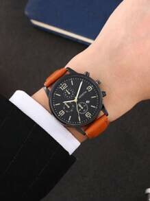 Shein - 1pc Men's Orange Mixed Scale 3-Eye Quartz Watch