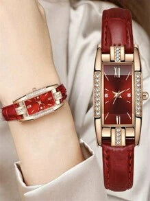 Shein - 1pc Women Watch Casual And Elegant Quartz Wristwatch, Square Shaped, With 3pcs Jewelry Set