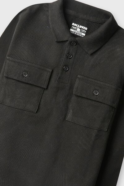 Boys Black Textured Pocket Polo