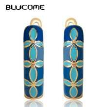 Shein - Fashion Blue Flower Pattern Enamel Copper Earrings