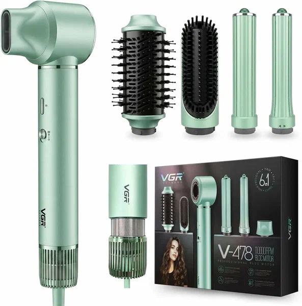 VGR - V-478 1300W 6 in 1 Hair Styler and Round Brush, 3 Speeds and 4 Temperature Levels, Curling Iron with Removable Back