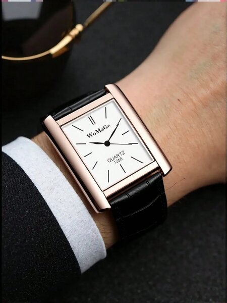 Shein - 1Pc Square Men'S Watch, Rose Silver Case, Unisex