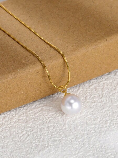 Shein - Stainless Steel Waterproof Gold Chic & Simple White Faux Pearl Necklace & Earrings Set, Perfect For Women Daily Wear