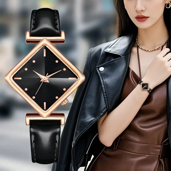 Shein - 1Pc Women'S Elegant Fashion Rhombus Alloy Case Pu Leather Band