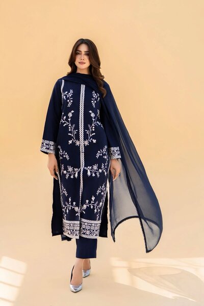 Preet Dark Blue Stitched 3-Piece Embroidered Dress