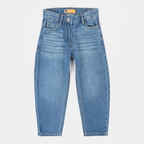 Girls Denim Rigid Pants – Barrel Fit Mid Blue with Classic 5-Pocket Style
