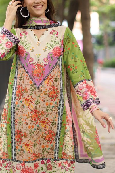 3 Piece Embroidered Printed Lawn Suit with Printed Lawn Dupatta