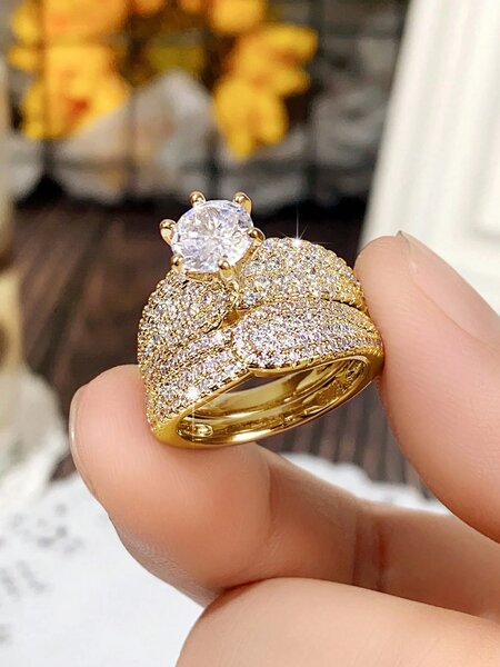 Shein - 2Pc/Set Gorgeous Cubic Zirconia Ring For Women For Valentine'S Day Gift Wedding Anniversary Party Jewelry