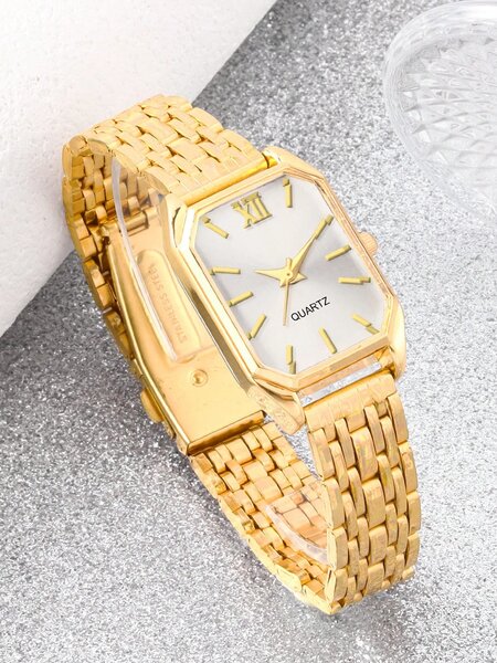 Shein - 6Pcs Stainless Steel Watch Band, Quartz Watch With Water Drop Necklace Bracelet Ring Earrings Set - Gold