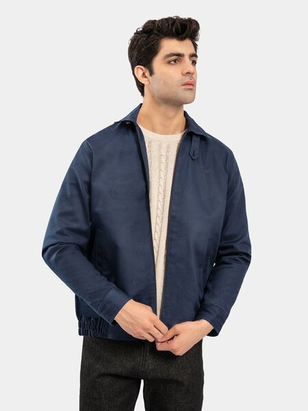 Brumano Mens RTW Solids Cotton Jacket Suit Navy Blue Twill Collar Winter Collection