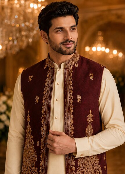 TGM Men RTW Textured Blended 3 Piece Suit Artisan Ruby Festive Collection