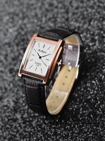 Shein - 1Pc Square Men'S Watch, Rose Silver Case, Unisex