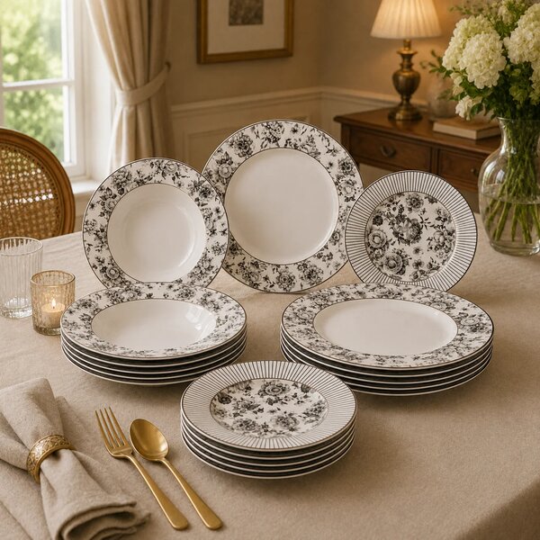 Premium Porcelain Plate Set | Elegant Black Floral Dinnerware for 6 Persons