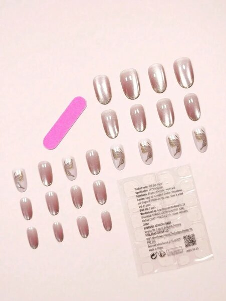 Shein - 24pcs Short Oval Faux Nails In Porcelain Pink Color With Gold Butterfly