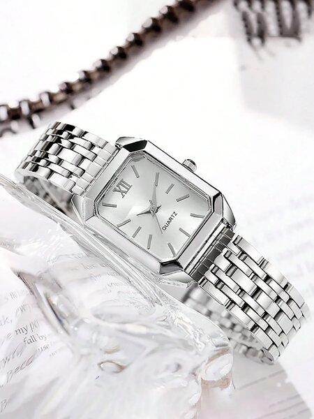 Shein - 6Pcs Stainless Steel Watch Band, Quartz Watch With Water Drop Necklace Bracelet Ring Earrings Set - Silver