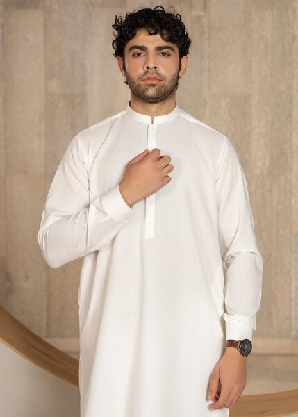Buraq Men RTW Solids Wash N Wear Kurta Shalwar Suit White Ban Casual Collection