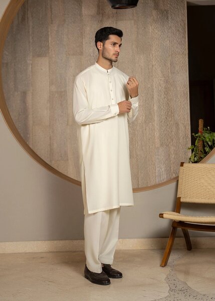 Buraq Men RTW Solids Wash N Wear Kurta Shalwar Suit Off White Ban Casual Collection