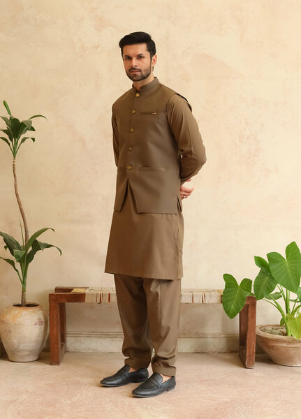 A-Line by Mazham RTW Solids Blended 3 Piece Suit Olive Brown Winter Collection
