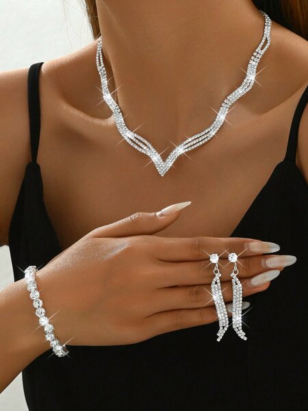 Shein - European And American Fashion Bridal Wedding Jewelry Set, Including Necklace, Earrings, Bracelet And Ring With Rhinestone For Women