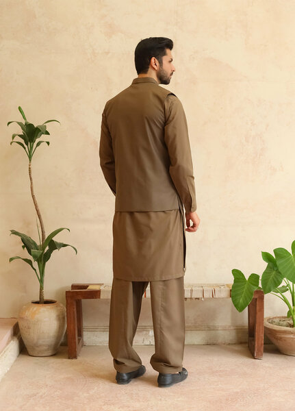 A-Line by Mazham RTW Solids Blended 3 Piece Suit Olive Brown Winter Collection