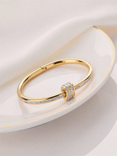 Shein - 3Pcs/Set Titanium Steel Jewelry Set, Including Three-Layered Rhinestone Necklace, Bracelet And Ring