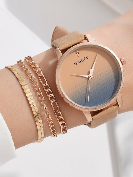 Shein - 1pc Ombre Round Pointer Quartz Watch & 1pc Layered Bracelet