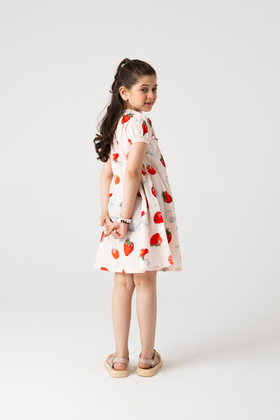 Strawberry Sketch Printed Cotton Dress