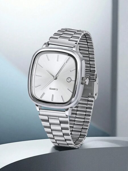 Shein - LUCKYFOX 1-Piece Battery-Operated Vintage Steel Band Minimalist Square Watch With Calendar