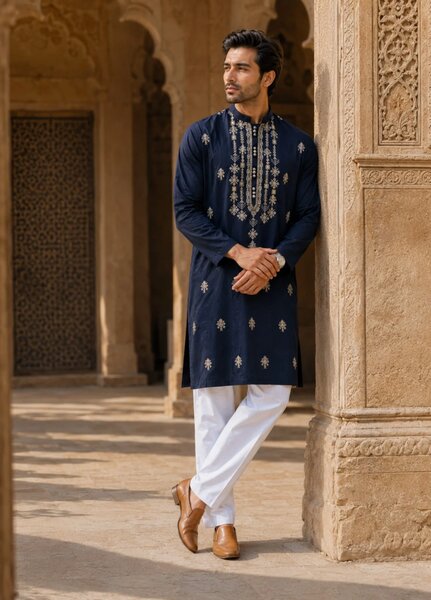 TGM Mens RTW Chikankari Chikankari Kurta Pajama Suit Elvar Navy Festive Collection