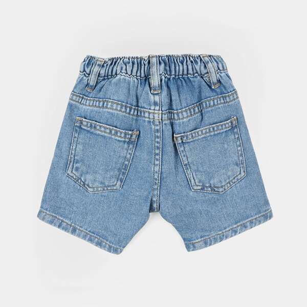 Infant Girls Denim Rigid Shorts – Pastel Heart Print Mid Blue with Pockets