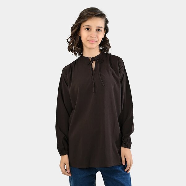 Teens Girls Tie-Neck Poly Viscose Casual Top – Dark Brown
