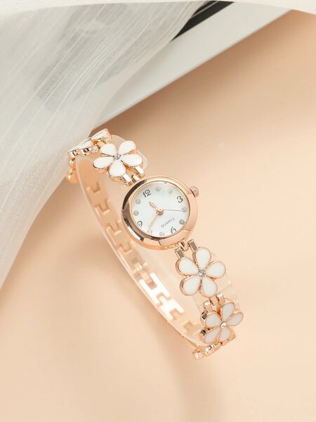 Shein - Flower Decor Round Pointer Quartz Watch