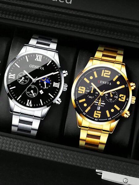 Shein - 3pcs Men's Casual Luxury Business Quartz Watch Set - Fashionable Round Dial