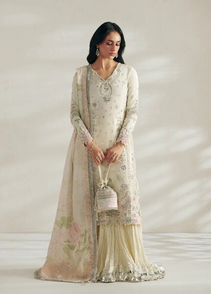 Vera Unstitched Embroidered Silk 3 Piece Suit VR26UWF Chand Ivory - Wedding Collection