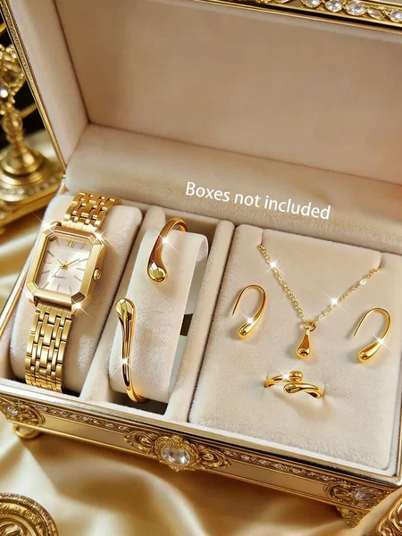 Shein - 6Pcs Stainless Steel Watch Band, Quartz Watch With Water Drop Necklace Bracelet Ring Earrings Set - Gold