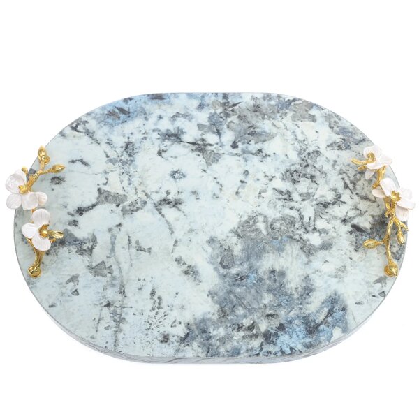 Blue Marble Finish Decorative Platter 12 x 16 Inch – Luxury Oval Serving Platter with Floral Handles