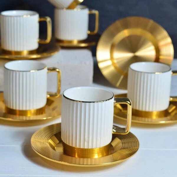Luxury Metal Cup & Saucer Set – White and Gold Tea Coffee Cups