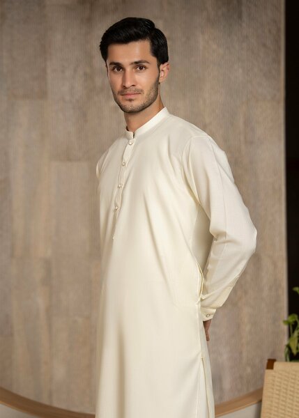 Buraq Men RTW Solids Wash N Wear Kurta Shalwar Suit Off White Ban Casual Collection