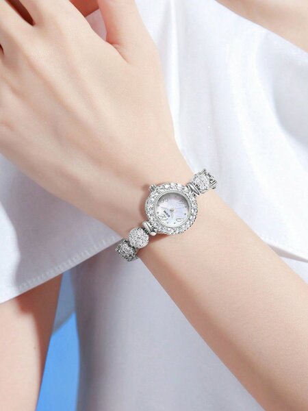 Shein - 1pc Women's Silver Tone Artificial Diamond Decorated Quartz Watch With Mop Dial And Bracelet Chain, Elegant And Delicate Design For Daily Wear