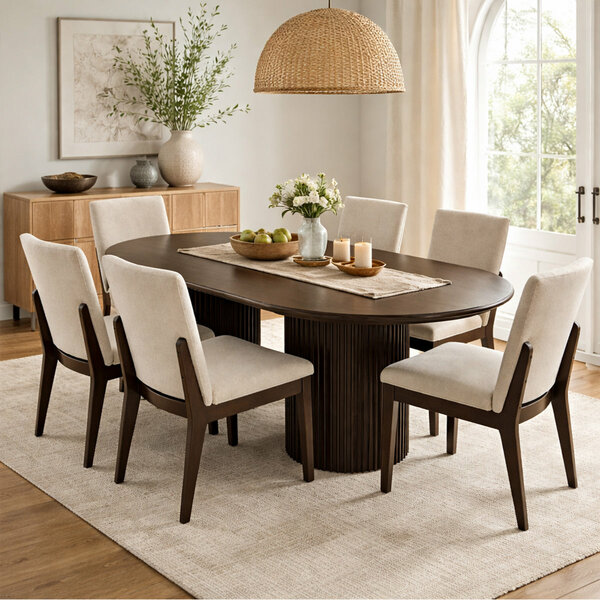 Oaklin 6-Seater Oval Wooden Dining Table Set with Upholstered Chairs