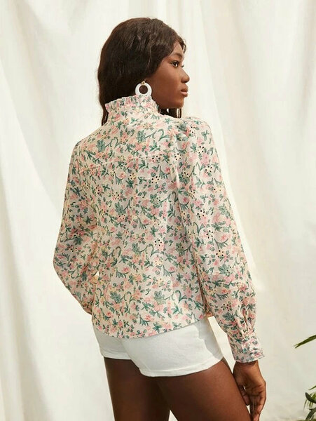 Shein - Floral Print Mock Neck Blouse