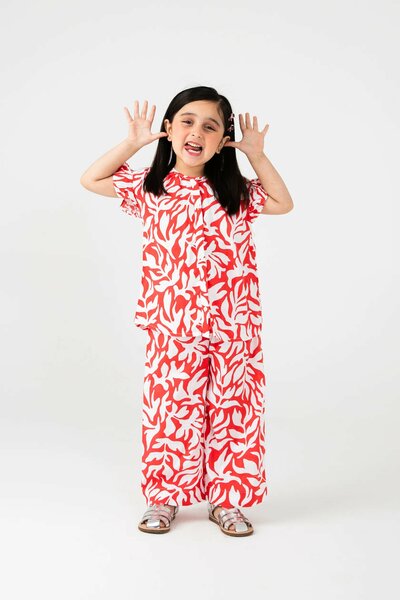 Girls Red Printed Cotton Co-ord Set