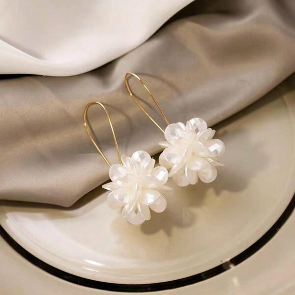 Shein - Exaggerated Long Acrylic Faux Pearl Flower Ball Earrings, Handmade White Petals Ball With Geometric Clip-On, Luxurious Ear Jewelry For Women