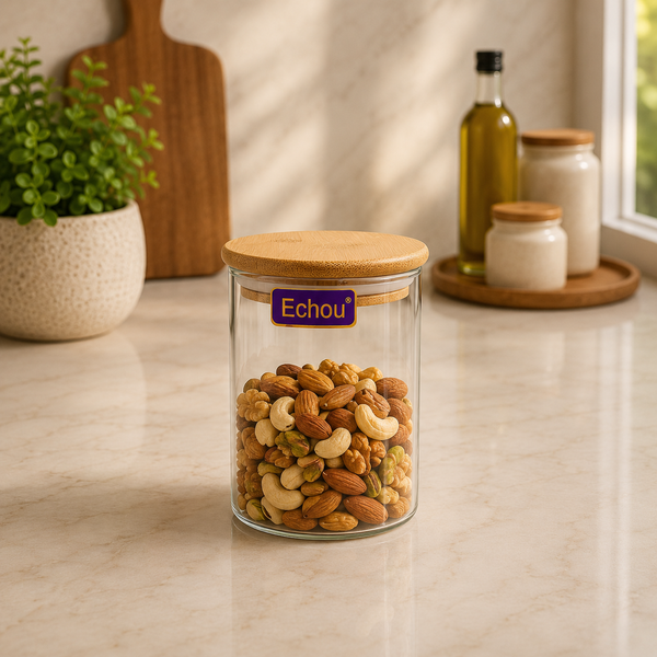 Storage Jar with Bamboo Lid – Airtight Kitchen Container for Nuts & Snacks